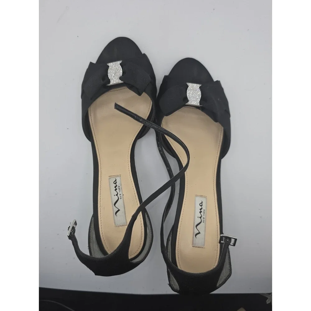 Nina Black Rhinestone Bow Ankle Strap Stiletto Heels Womens 9.5M Leather Sole